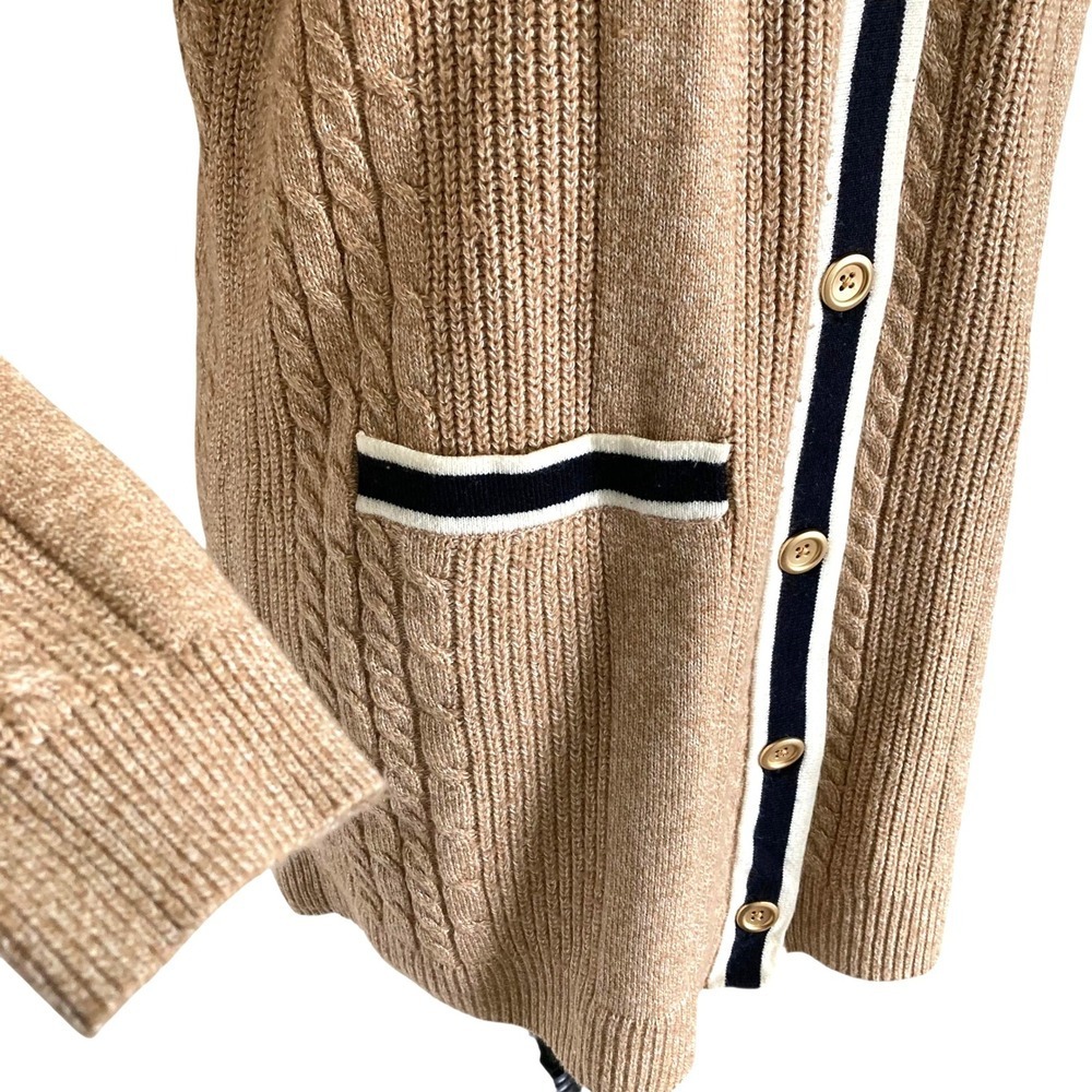 Talbots Cable Knit long Cardigan Sweater Size M Button down Cotton Preppy Tipped - Picture 13 of 17